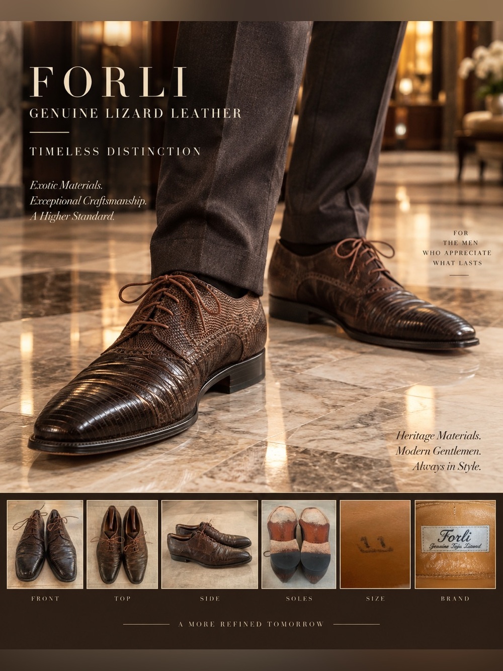 Forli Genuine Lizard + Leather Brown Luxury Shoes